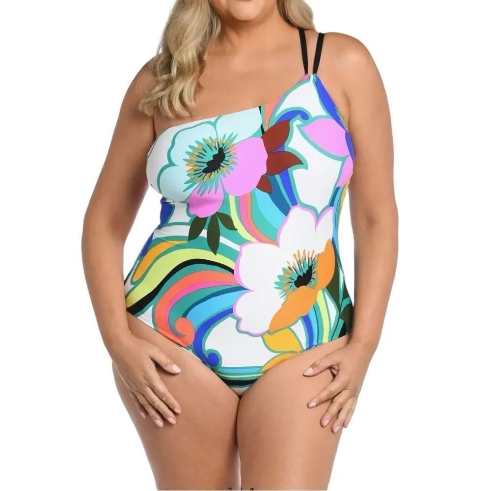 NWTs La Blanca Suncatcher One-Shoulder Lace-Up Back One-Piece Swimsuit Size 18W